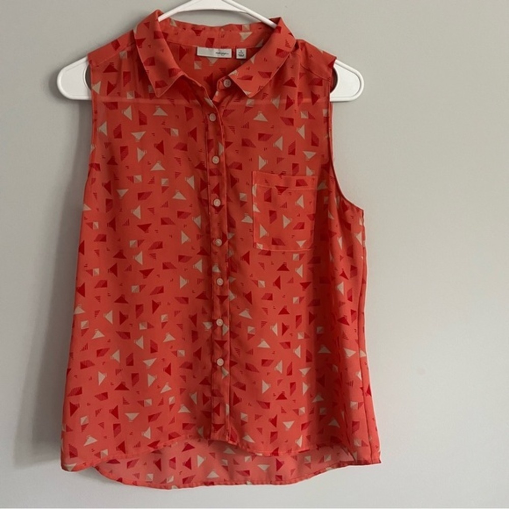 Halogen Pink and Red Geo Print Sheer Button Down Sleeveless Blouse
